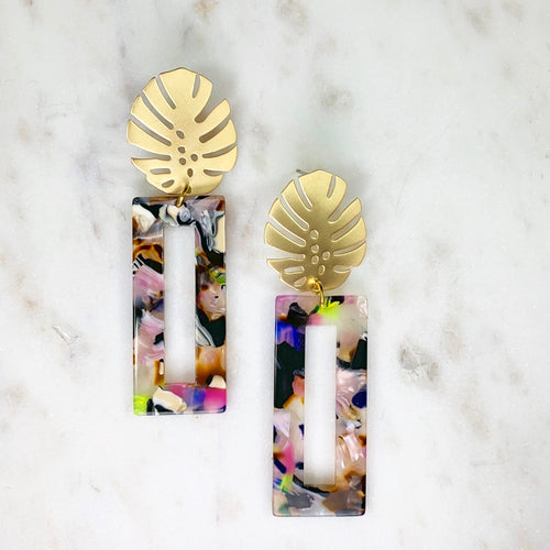Gold Palm Floral Multi-Color Acrylic Earrings